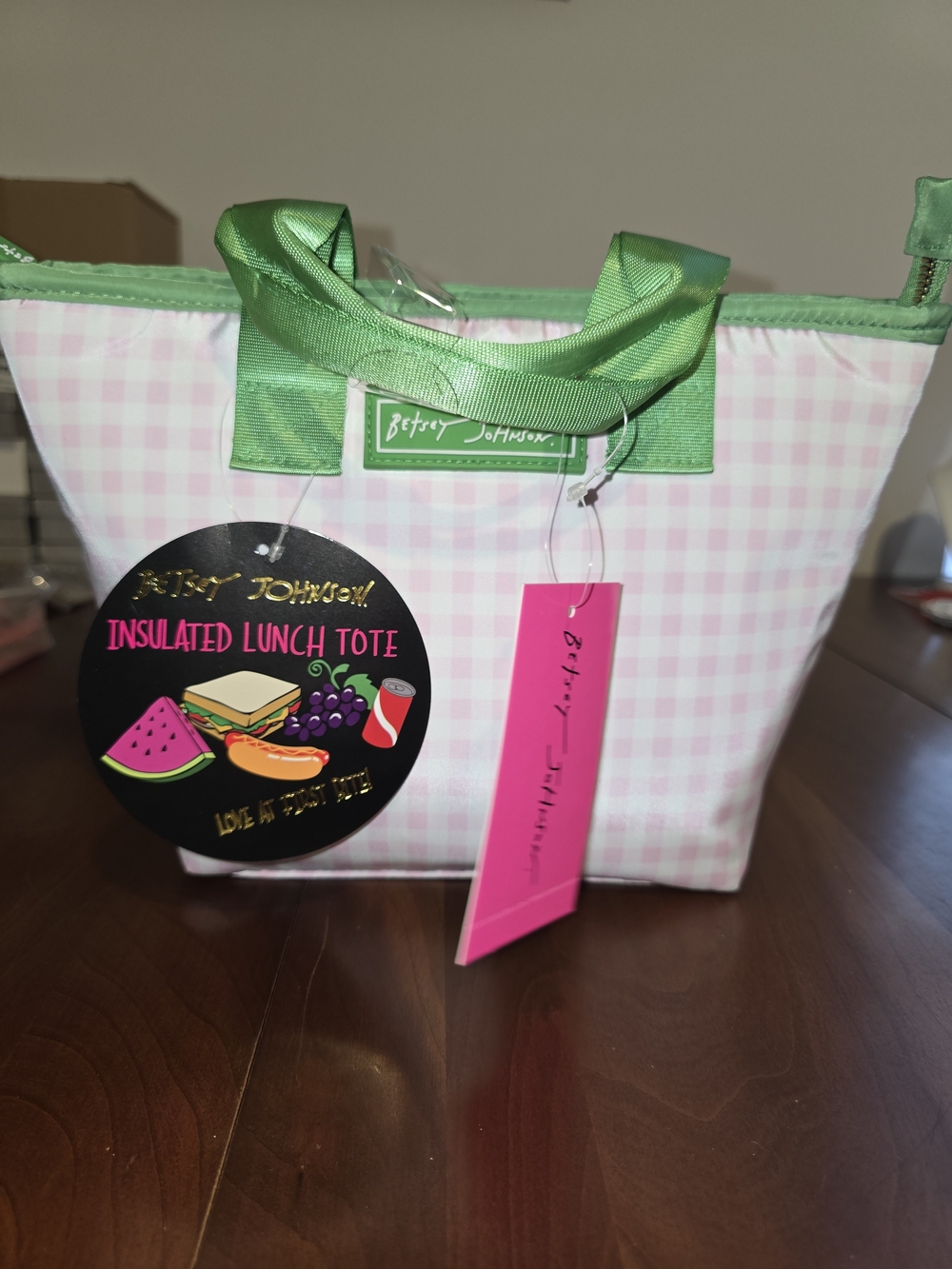 Betsey Johnson Pink 💕Gingham Insulated Top Handle Lunch Tote with Green Accents